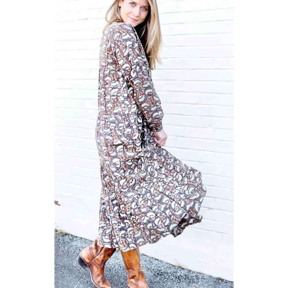 Maleu Washed Cotton Block Print Burgundy Floral Tiered Maxi Dress S - Picture 4 of 8